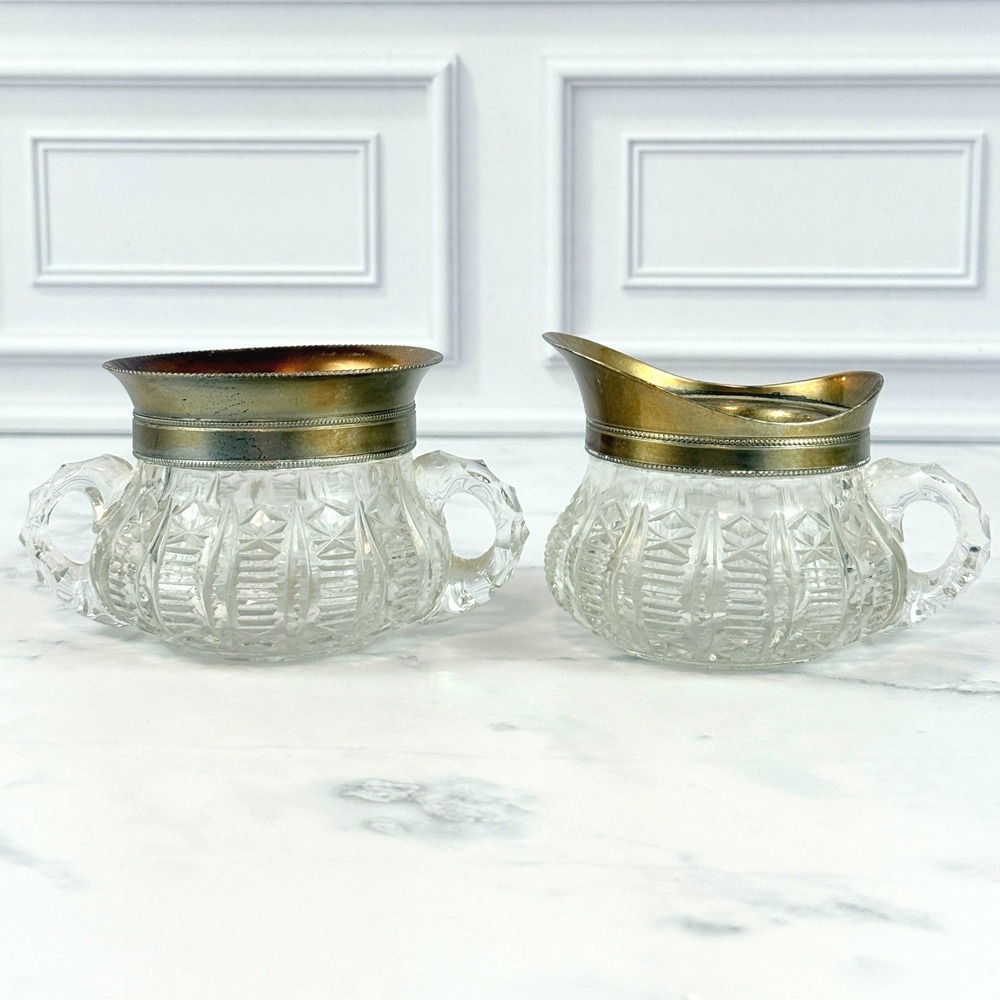 VTG‎ American Brilliant Period Cut Glass Metal Edge Sugar and Creamer